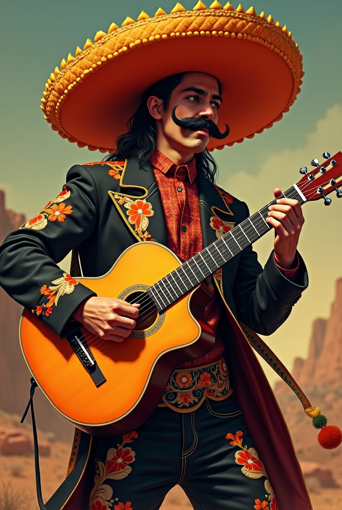 Personnage inspiré d'un sombréro avec un chapeau de sombrero orange orné de jaune mélange a du noir des vêtements de sombrero avec des motifs de couleurs orange clair mélangé a du beige est du rouge foncé un pantalon de sombrero avec les motifs de couleurs une guitare noir teinté de marrons mélange a du orange avec des symbole déçu une demi moustache de sombrero est un côté de combattant dangereux