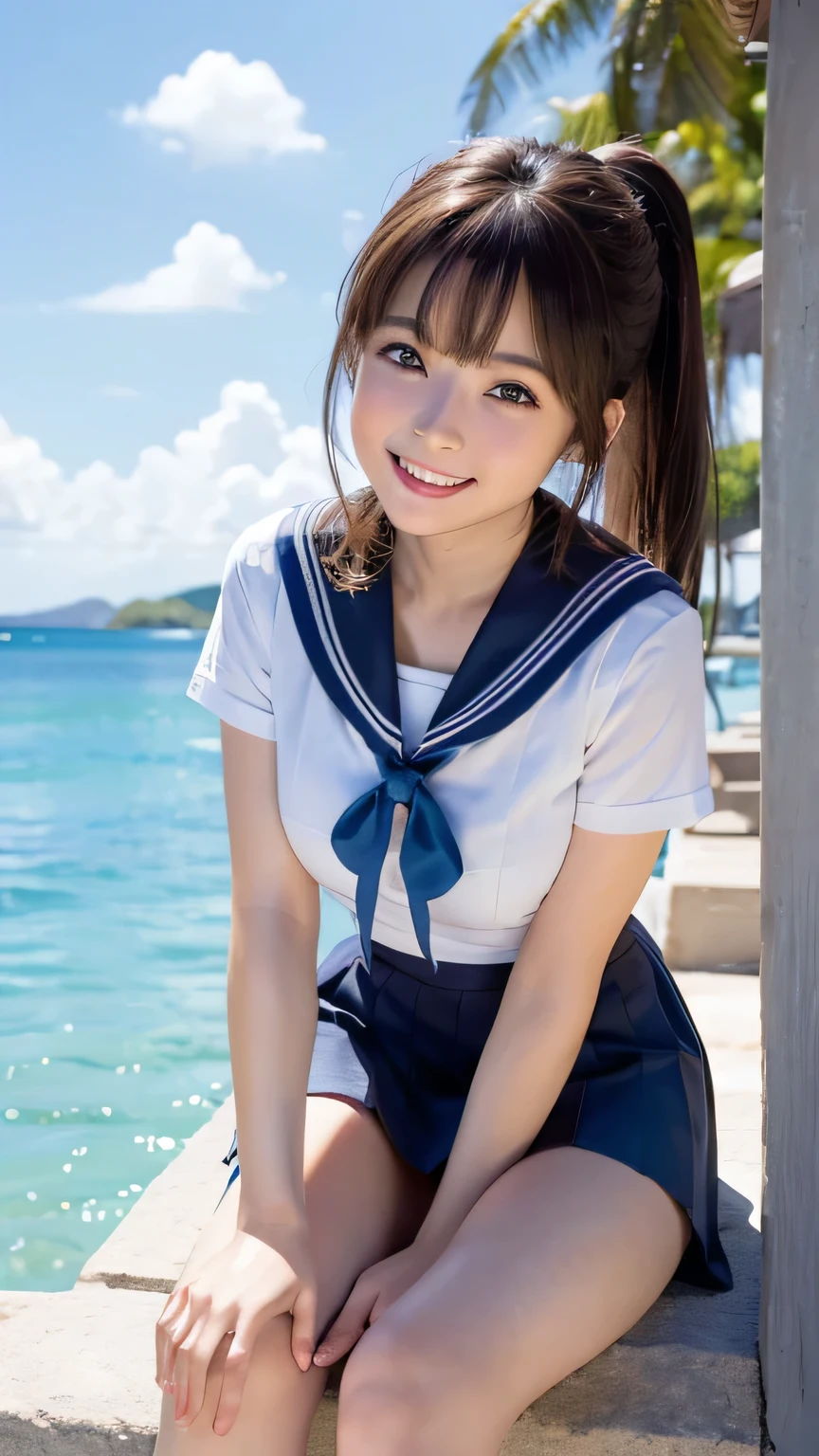 (Ultra-high resolution, DSLR shot, 8k, highest quality, high resolution, top quality, highest resolution, very beautiful woman, perfect anatomy), bright brown eyes, very bright brown eyes, small diamond-shaped earrings, looking directly at the camera, beautiful brown hair, ((baby face, loosely cute medium ponytail)), very short and beautiful bangs on brown hair, E-cup breasts, showing a beautiful décolletage, very beautiful 20-year-old, lip gloss, smiling very happily, very cute smile, upper teeth, beautiful teeth, (beautiful blue tropical sea and sky with a horizon line (background only)), slightly larger eyes, small face, tall supermodel, beautifully shaped model, random cute poses, dynamic angle, eye focus, head tilt, very detailed and realistic, very beautiful 20-year-old, ((medium shot)), sharp jawline, ((mini-skirt sailor uniform)), deep waist curve, sexy legs, random cute poses in gravure style, summer daytime.