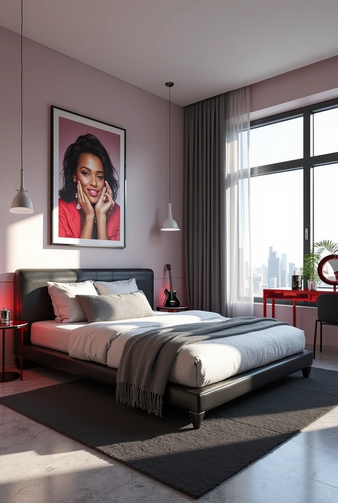 Professional 3d architecture rendering design of modern   girl teenage  room with modern dark bed and  light  shiny silver blanket and sheets modern   red glassy makeup table and glassy  chairand  glassy black gitar   And modern windows  and beautiful and modern painting wall with tailor sueef singer painting  and modern windows and showing complete bed room and light gray stone for floor and elegant  dark carpet 