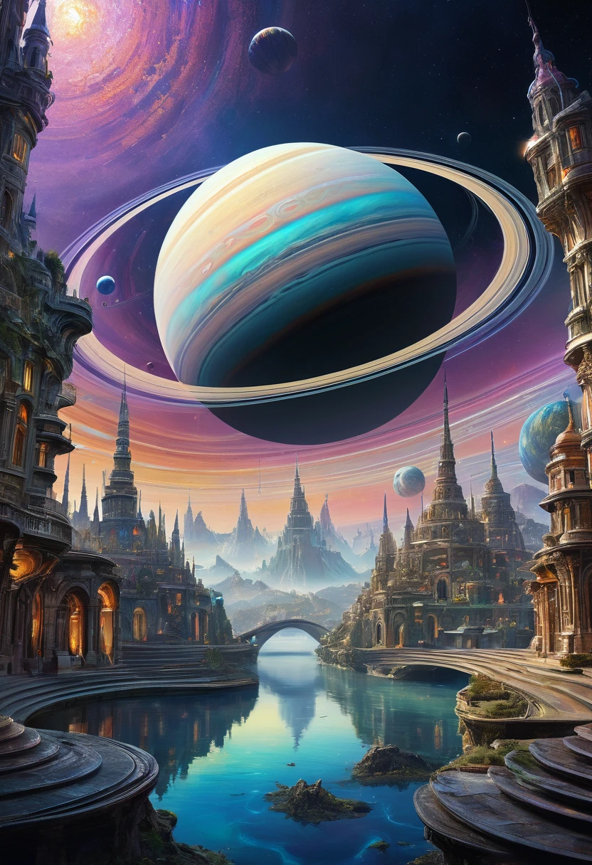 3D drawing art, fusion of acrylic and collage paintings, high and fine artwork, fantasy world, planet with rings like Saturn, mysterious city on the rings, mysterious iridescent creatures flying in the sky, randomly shaped full planets with flowing atmospheres, planetary full rings, shadows, contrast, conceptual installation art, (ultra detailed, absolutely resolution, best quality:1.3), 2.5D, delicate and dynamic effects, iridescent effects, artistic photography, hyper realistic, graphic CG digital art