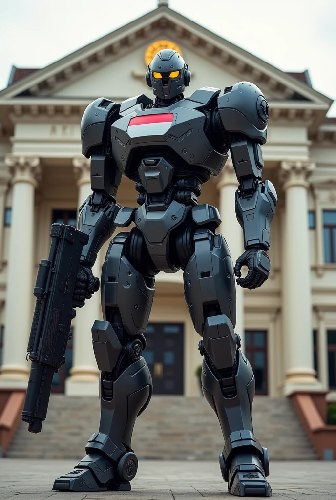 a large realistic modern muscular soldier robot with indonesian flag badge, full large armored, holding two high tech weapons, standing in front of Istana Negara Republik Indonesia