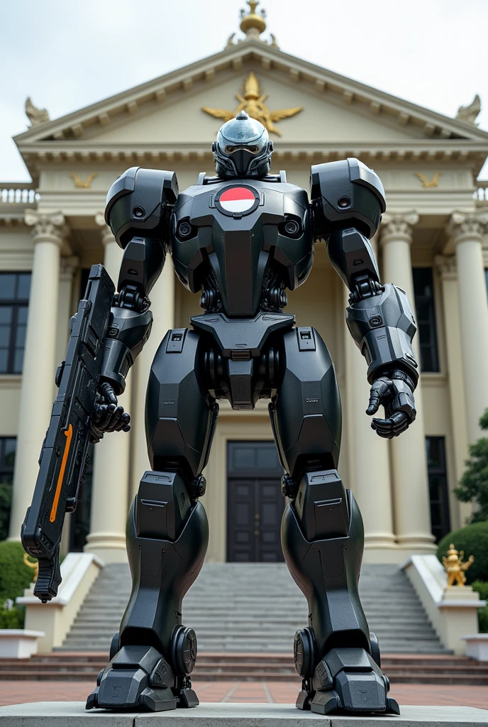 a large realistic modern muscular soldier robot with indonesian flag badge, full large armored, holding two high tech weapons, standing in front of Istana Negara Republik Indonesia
