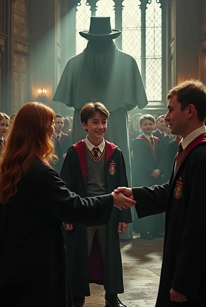 Harry heard the hat announce the last word to the entire hall.. He took off his hat and walked shakily towards the Gryffindor table.. I felt so relieved to have been sorted and escaped Slytherin., who didn't even notice that he was receiving the biggest ovation of the ceremony. Percy, the Monitor, stood up and shook his hand energetically, while the Weasley twins screamed "We won Potter!
We won Potter!" Harry sat down across from the ghost with the ruffled collar he had seen before the ceremony.. The ghost patted him on the arm., giving Harry the sudden, horrible feeling that he had just been plunged into a bucket of ice-cold water..