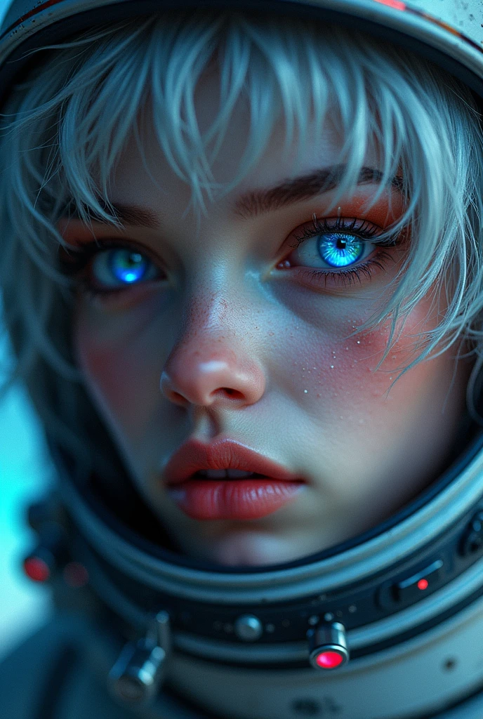 (Close-up of a better masterpiece:1.5)0.9], (Space and astronauts:1.2) (Messy silver hair:1.1) (Heterochromia xanthochromia and blue eyes:1.2) (Space Helmet:1.0) (Colored stars in the eyes:1.0) (A radiant glow:1.1) (thick lips:0.9)