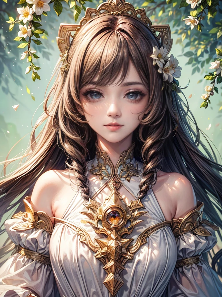 (Highest quality,8k,CG),Upper body details,Lonely Girl,Floral forest background,Complex facial features,Elegant long curly hair,large almond-shaped eyes,,Detailed eye makeup,Long eyelashes,Twinkling Star,Exquisite lip detail,Soft and harmonious style.