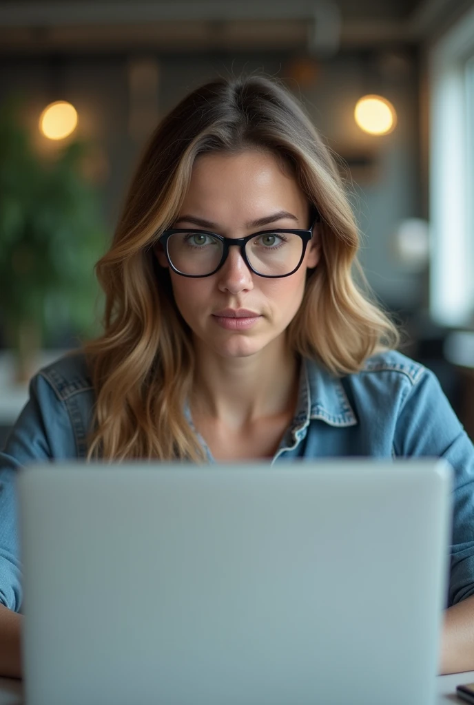 Color photo of a white American woman wearing cooling glasses, working on a laptop in an office setting, focusing intently on her screen, casual office attire, mobile photograph, natural and realistic portrait capturing her concentration, camera settings: iPhone 12 Pro, VSCO Cam app, portrait mode, indoor lighting.