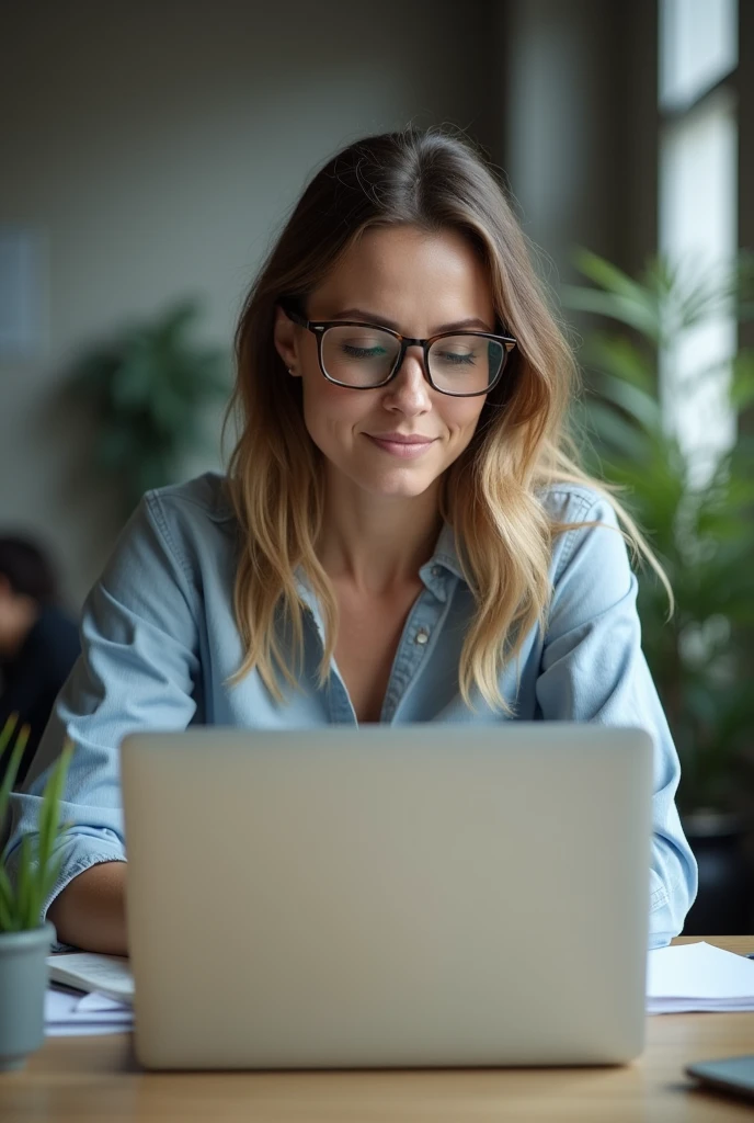Color photo of a white American woman wearing cooling glasses, working on a laptop in an office setting, focusing intently on her screen, casual office attire, mobile photograph, natural and realistic portrait capturing her concentration, camera settings: iPhone 12 Pro, VSCO Cam app, portrait mode, indoor lighting.