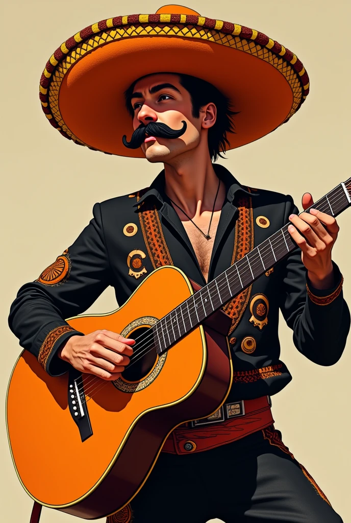 Personnage inspiré d'un sombréro avec un chapeau de sombrero orange orné de jaune mélange a du noir des vêtements de sombrero avec des motifs de couleurs orange clair mélangé a du beige est du rouge foncé un pantalon de sombrero avec les motifs de couleurs une guitare noir teinté de marrons mélange a du orange avec des symbole déçu une demi moustache de sombrero est un côté de combattant dangereux 