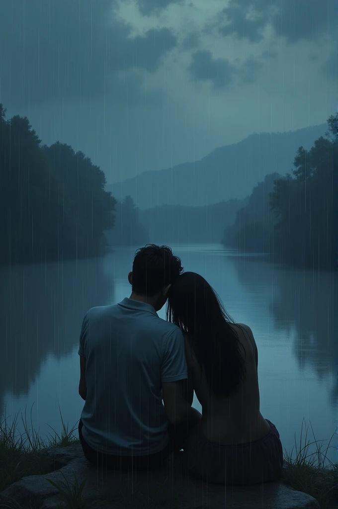 A man is sitting with his girlfriend alone by a river side. Its a rainy day. There is thick cloud in the sky and it is night now 