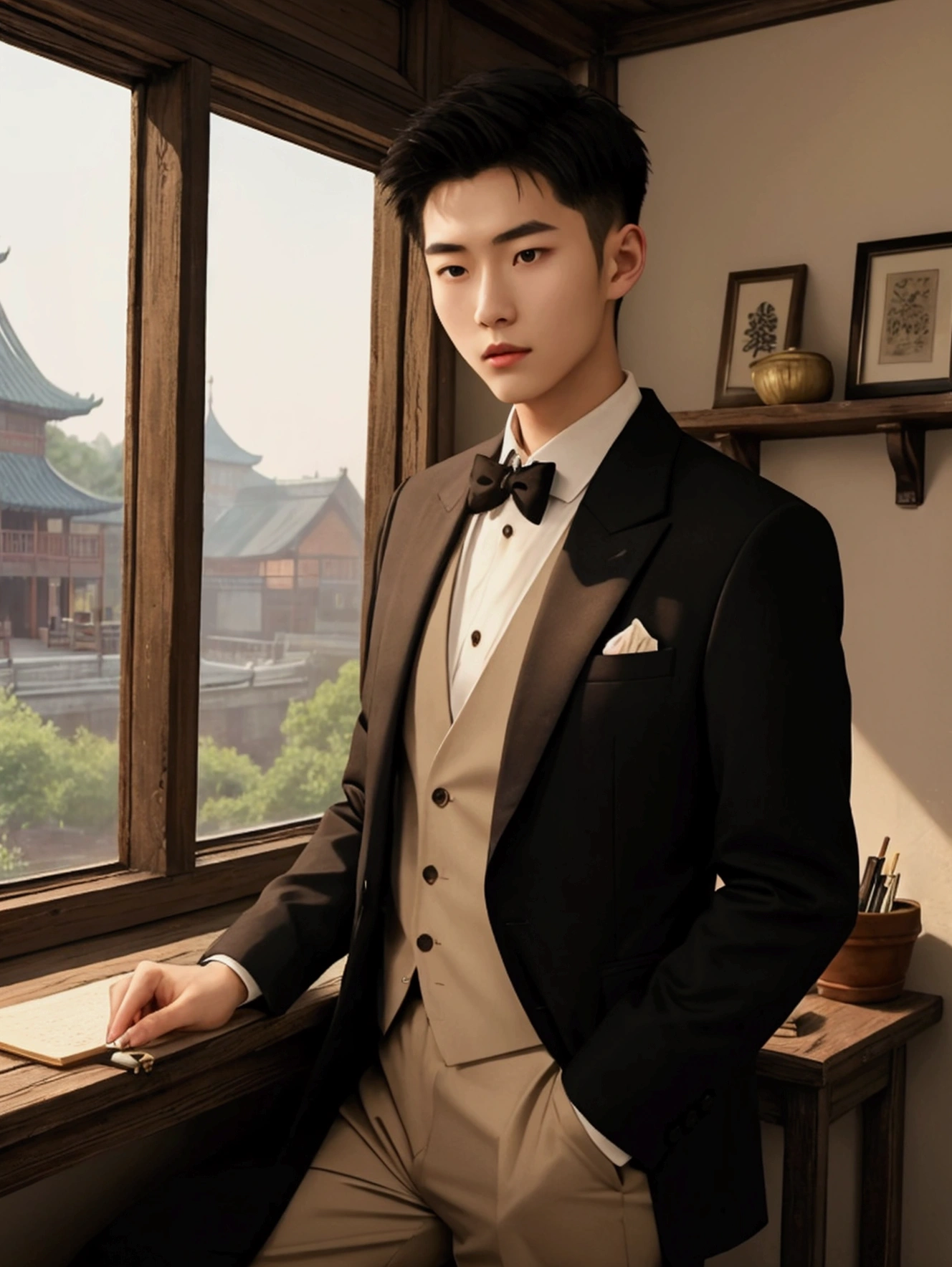 1 Handsome chinese slim guy, 20 years old, undercut short Hair, Someone studying, Someone writing, book shelf, rustic style, cozy envirnment, classic style, paintings on the wall, work of art, Carving, classic outfit, formal outfit, window overlooking the garden, good view
