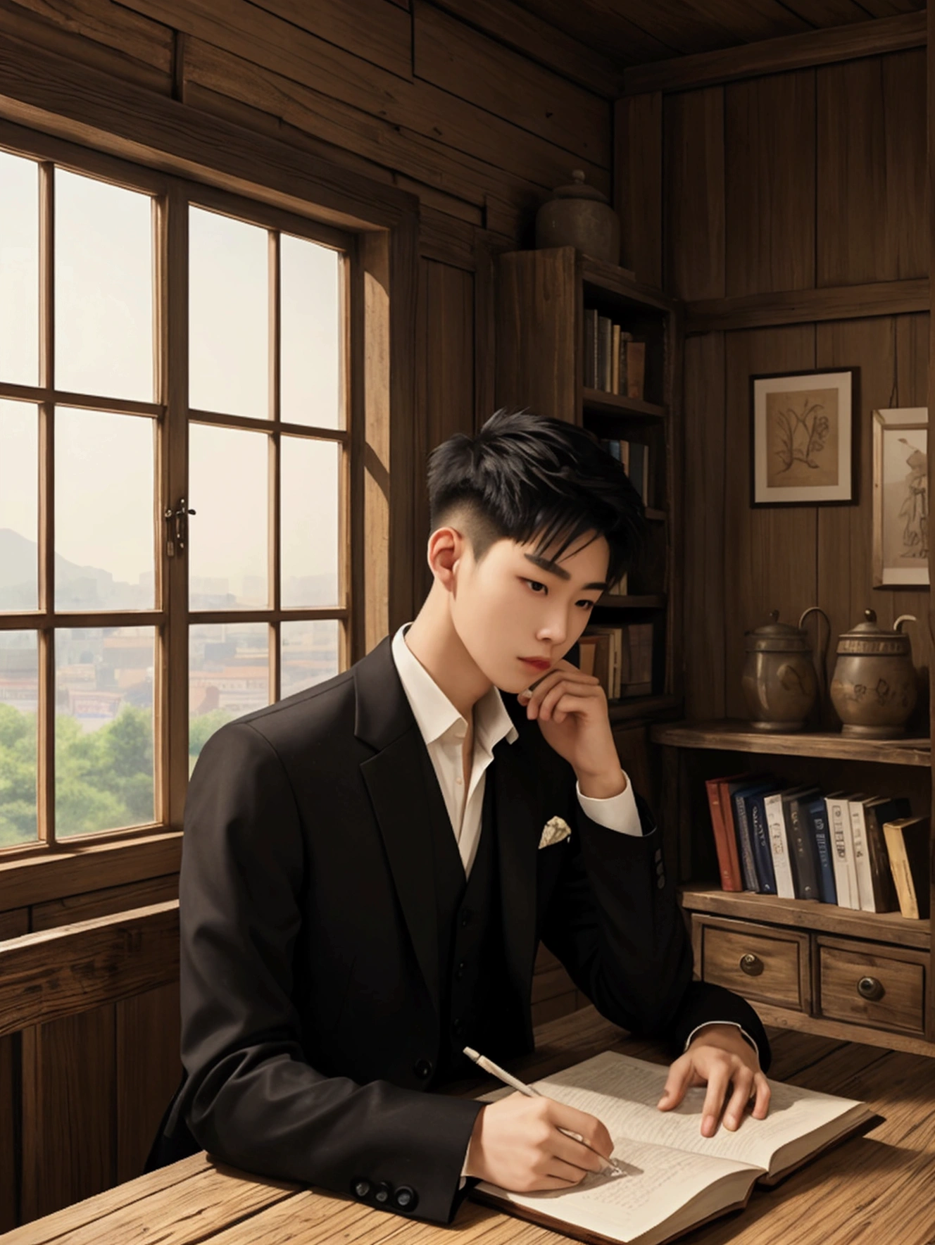 1 Handsome chinese slim guy, 20 years old, undercut short Hair, Someone studying, Someone writing, book shelf, rustic style, cozy envirnment, classic style, paintings on the wall, work of art, Carving, classic outfit, formal outfit, window overlooking the garden, good view