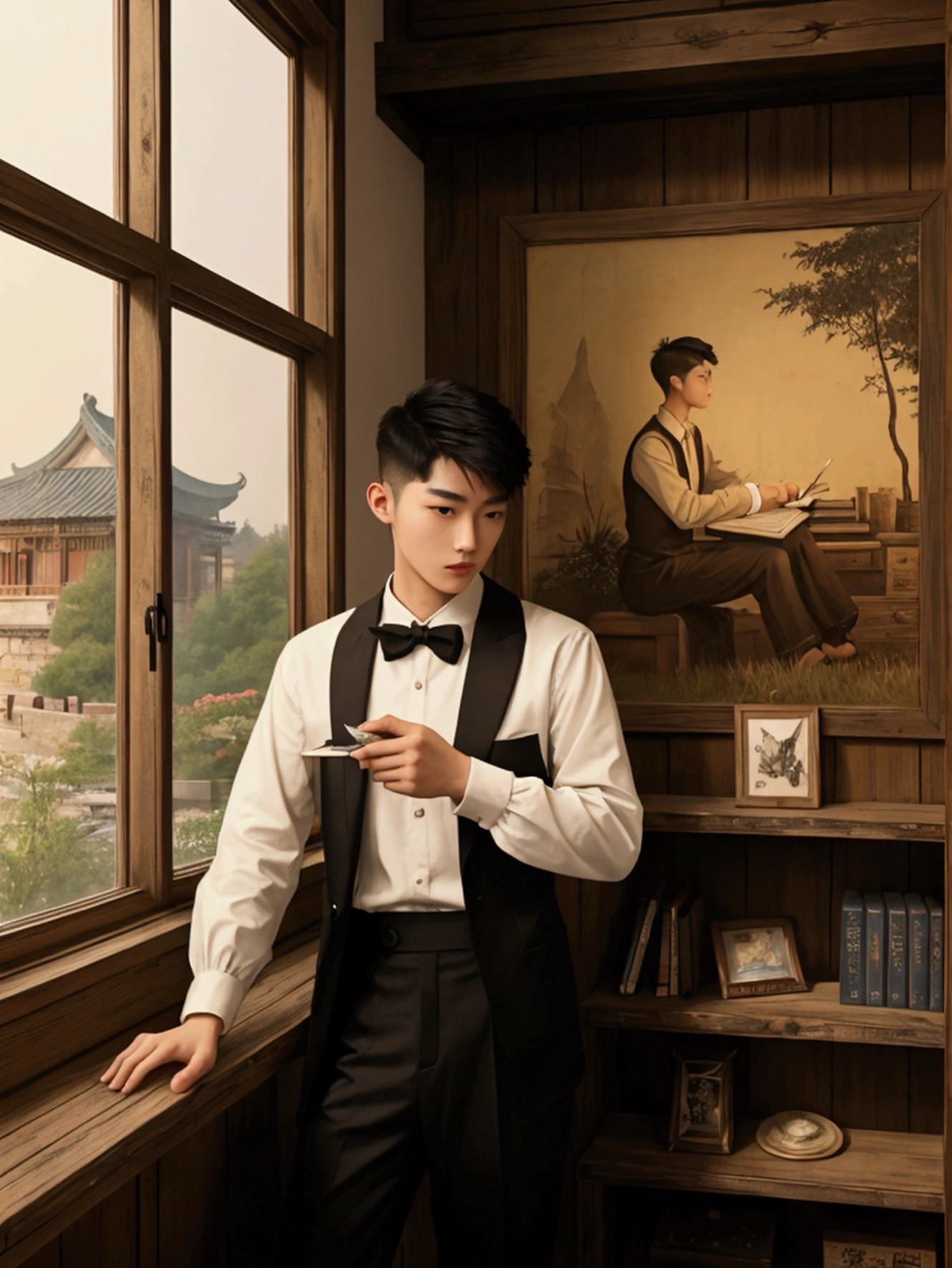 1 Handsome chinese slim guy, 20 years old, undercut short Hair, Someone studying, Someone writing, book shelf, rustic style, cozy envirnment, classic style, paintings on the wall, work of art, Carving, classic outfit, formal outfit, window overlooking the garden, good view