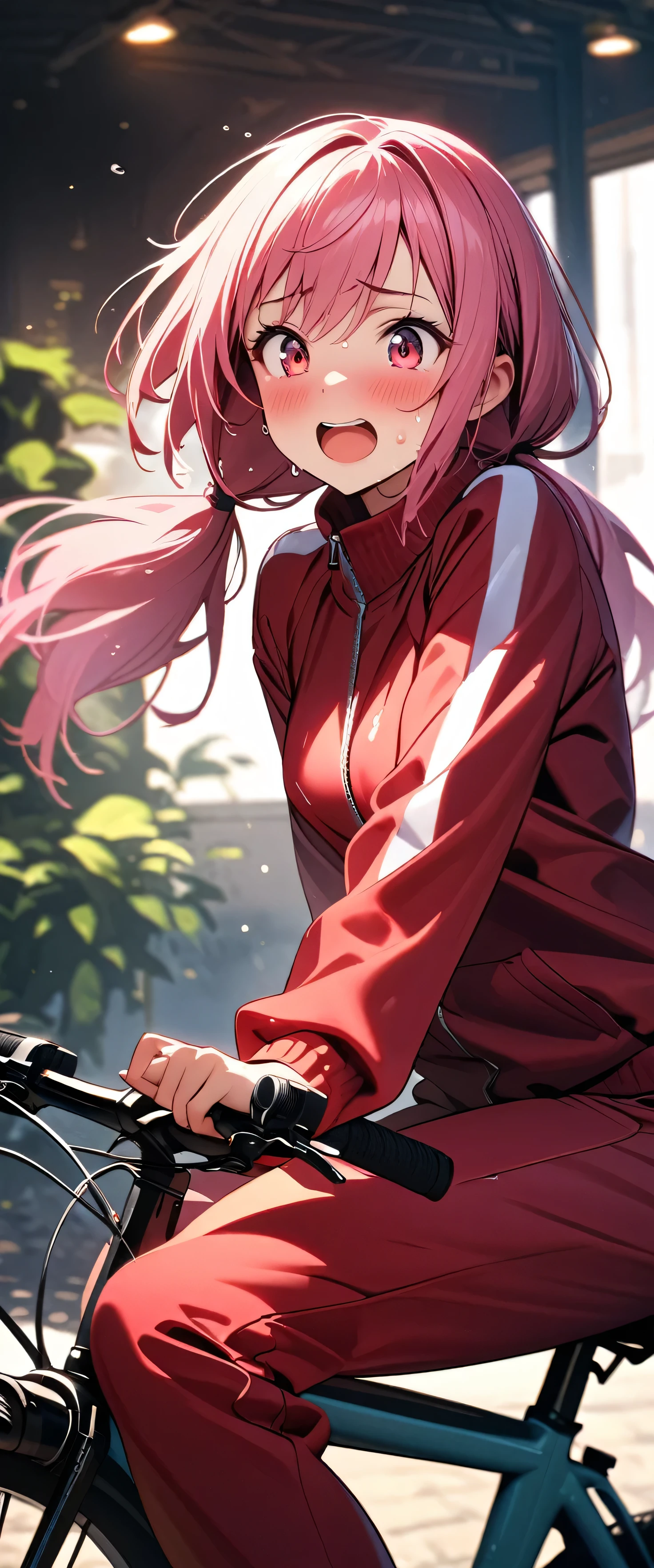 (beautiful girl: 1.3),1girl,masterpiece, Highest quality, Ultra-high resolution,rich contrast,super high quality,8k,Highly detailed CG unit wallpaper,texture,Incredibly absurd,Ultra-high resolution,RAW Photos,Depth of Field 1.2,Pink Hair, (low twintails),(Red sweatpants:1.3), (The jacket is a red track jacket.: 1.3),Ultra-detailed eyes,(sensuous),Excited,Glowing Skin,blush,Sigh,((Sweat)),(Wet),she is riding a bicycle,I'm pedaling hard because I'm going to be late.,((Rear view)),((From below)),(Close-up of butt:1.5),BIG ASS,field,((Scenery of Field House)),((Wearing a simple white helmet)),morning,Light of the sun,Mamachari,Basket in front of the bike、Bag in the basket