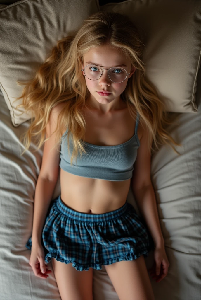 beautiful sexy little tween AnnaSophia Robb school girl, thin, long blonde hair, blue eyes, nice bottom, nice bottom, big red lips, dressed like a whore, tiny short blue plaid skirt, wearing only lingerie, scared, nice legs, nice bottom, lying on bed with legs opened, ultra realistic, wearing glasses, wearing cropped top, fit, pony tail, ful body image, awesome fit body, viewed from above, missionary pose, thick over her face, cum on face, bukakke, facialized, semen on all her face, cumshot, cum shot