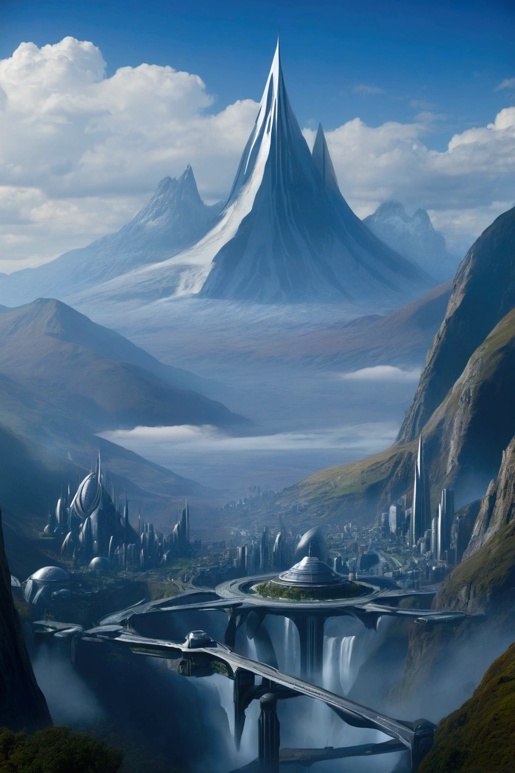 futuristic city, fantasy, 23rd century, England, mountains