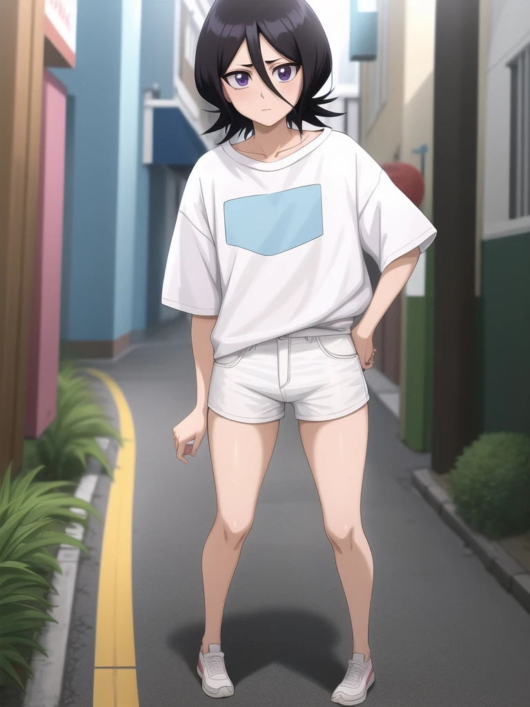 captured anime outfit, forst,pathway,
1 girl, standing alone, shorth hair, Bblack hair, purples eyes, tight white panties,tight, wet white t-shirt,She is alone on a street full of shops 