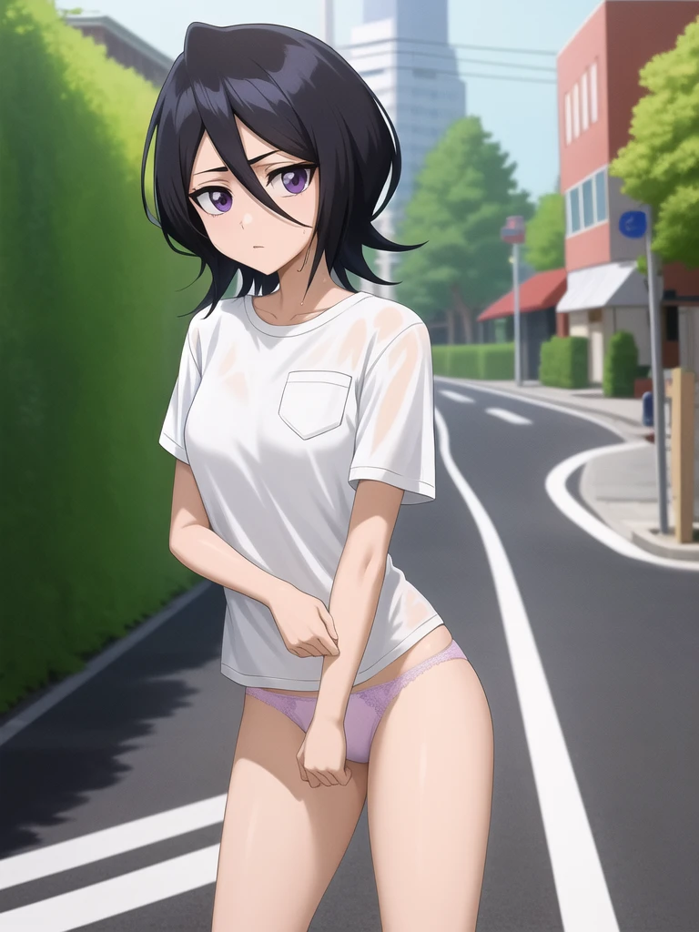 captured anime outfit, forst,pathway,
1 girl, standing alone, shorth hair, Bblack hair, purples eyes, panties,tig white t-shirt,She is alone on a street full of shops
