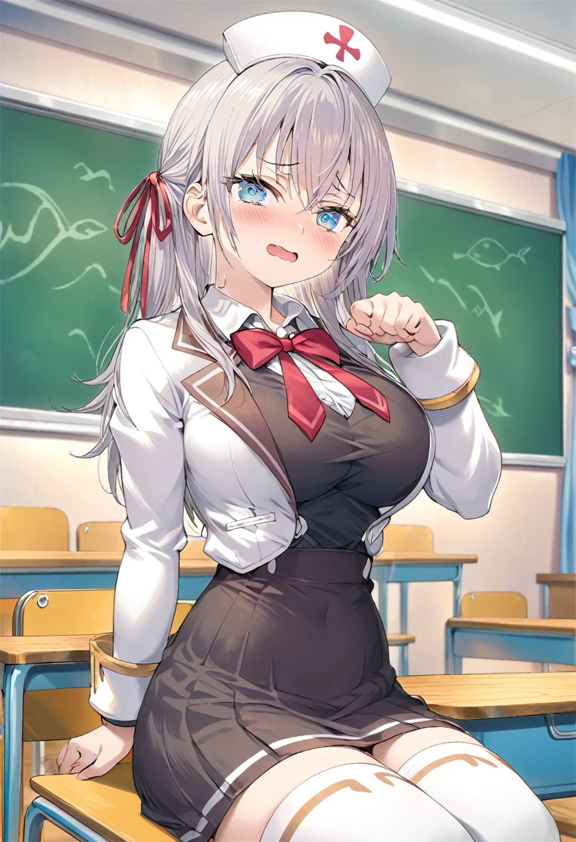 alisa mikhailovna kujou,tokidoki bosotto roshia-go de dereru tonari no arya-san, classroom, cosplay, nurse outfit, shy expression, gravure idol pose, large breasts, slim waist, fair skin, , amazed expression, beautiful fish, long fine hair, charming smile, cute, anime girl, game CG illustration, (overfit style:2.0)