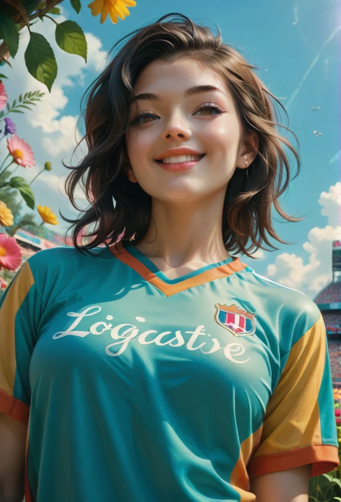 Watase Seizo style, whole body，Low Angle, logic, Jersey, Simple line initials，Abstract art，Countryside Background, (((The most beautiful woman))), Lips in Love, walk, Colorful flowers, colorful, smile