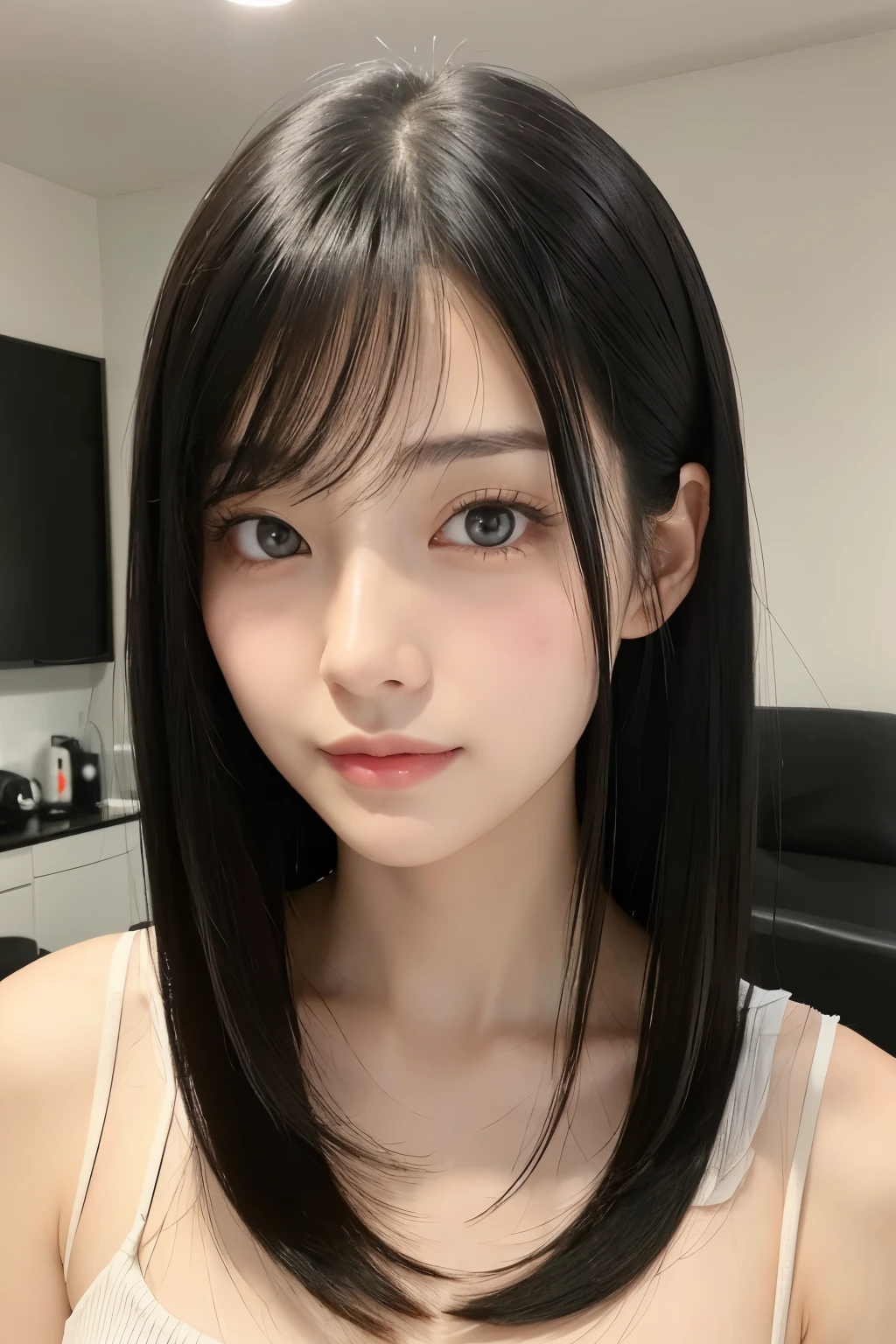 A realistic beauty。Her hair is black.、Thin and clear hair。A slightly asymmetrical, lovable face。