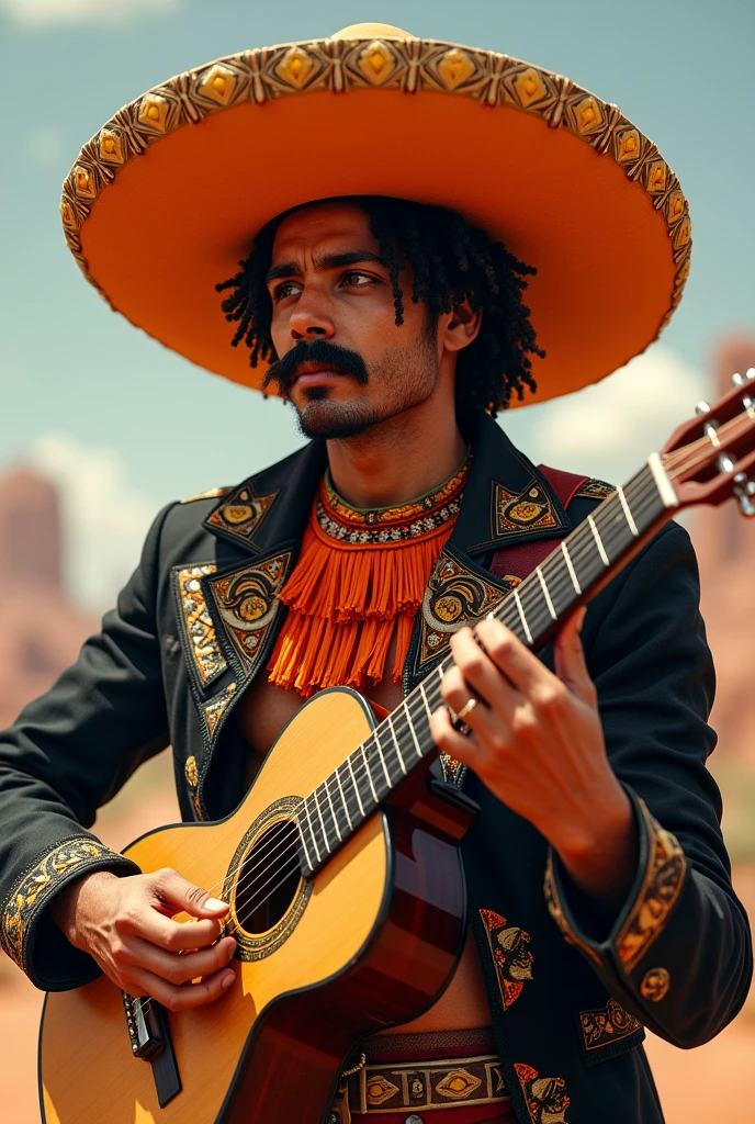 Personnage inspiré d'un sombréro avec un chapeau de sombrero orange orné de jaune mélange a du noir des vêtements de sombrero avec des motifs de couleurs orange clair mélangé a du beige est du rouge foncé un pantalon de sombrero avec les motifs de couleurs une guitare noir teinté de marrons mélange a du orange avec des symbole déçu une demi moustache de sombrero est un côté de combattant dangereux 