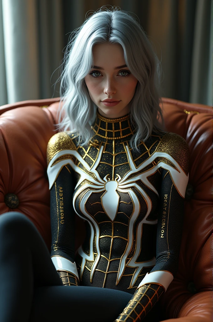 (Extreme Detail CG Unity 8K wallpaper, masterpiece, highest quality), (Exquisite lighting and shadow, highly dramatic picture, Cinematic lens effect), a girl in a Golddust Spider-Man costume, silver gray hair color, from the Spider-Man parallel universe, Wenger, Marvel, Spider-Man, sitting on the couch, dynamic pose), (excellent detail, excellent lighting, wide angle), (excellent rendering, enough to stand out in its class), focus on white Spider-Man costumes, complex spider textures