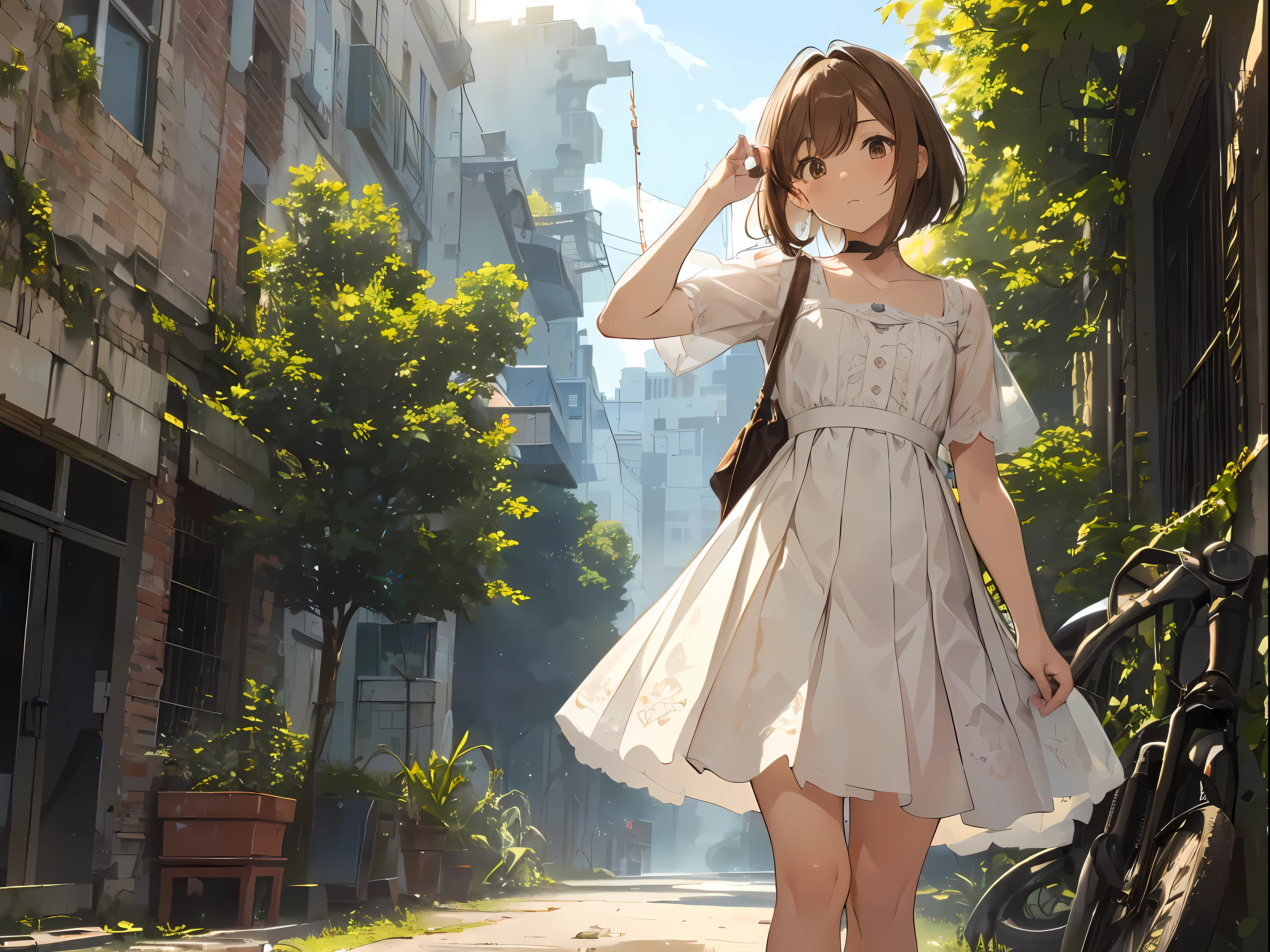 (masterpiece:1.2), best quality, highres, original, (extremely detailed:1.2), ultra-detailed, wallpaper, perfect lighting,(extremely detailed CG:1.2), 8k, anime illustration, 1boy, solo, crossdressing, (brown hair, Bob hairstyle,haircut:1.1), (white knee-length dress, summer dress, pleated dress, short sleeves, lace hemline, delicate dress, flat chest:1.2), walking in urban ruins, (urban ruins filled with natural vibes:1.2), (anatomically correct:1.5), full body, (cityscape background:0.8), overgrown plants, crumbling buildings, sunlight filtering through trees, peaceful expression, sunny