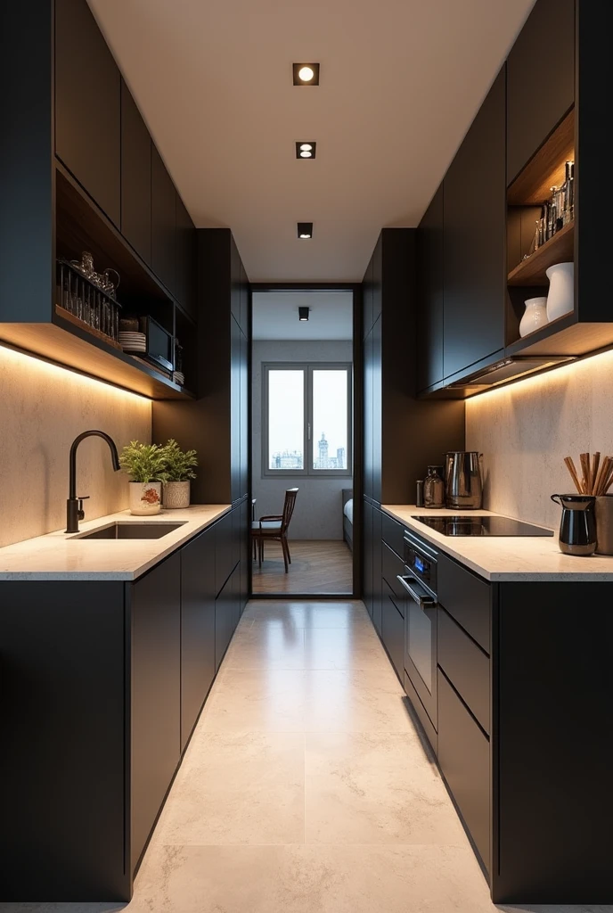 Create a project and design for a linear integrated kitchen in a compact 57m2 apartment with cabinets made in black tones, some with wood, and the countertop with a lighter stone to provide a contrast that will be the same stone as the countertop in front for quick meals, all with strategic lighting and a built-in glass cabinet.