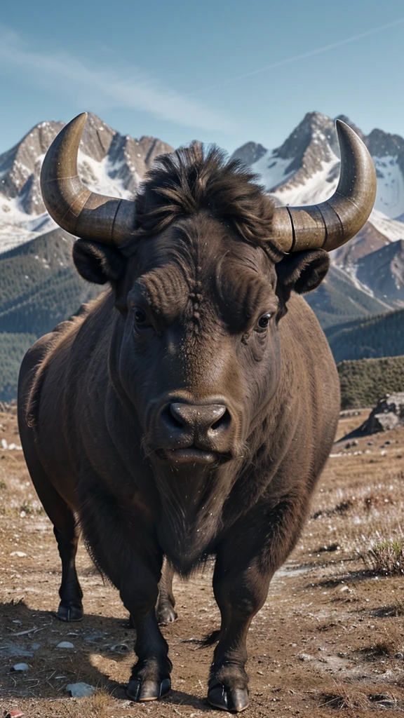 Hyper realistic and threatening photo of a buffalo in the mountains
