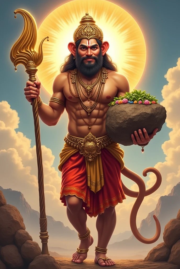 "Create a realistic and traditional image of Lord Hanuman, the Hindu deity known for his devotion, strength, and wisdom. Depict him with a well-defined, muscular body and reddish-brown skin, reflecting his divine nature. His face should have distinct monkey-like features with a broad forehead, large, expressive eyes that convey both compassion and strength, a slightly flattened nose, and a small, gentle smile. His mouth is slightly open, showing sharp teeth, and his ears are rounded and prominent. Hanuman is wearing a golden crown with intricate carvings and colorful jewels. His attire includes a red dhoti with a golden border and traditional golden jewelry, such as armlets, necklaces, and anklets. His long, graceful tail curls upwards. In one hand, he holds a golden mace (gada), and in the other, he lifts a mountain filled with medicinal herbs. The background should feature a vibrant sky with soft clouds and a radiant golden aura surrounding him, symbolizing his divine power and purity."