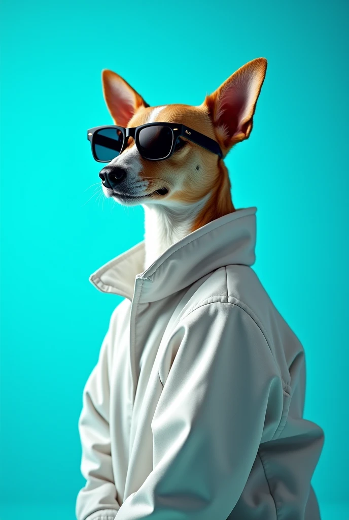 The best cell phone wallpaper, Award-Winning Wallpaper, portrait photography, In the front view is a portrait of a cute dog wearing mid-1960s space age fashion, Side view photo, Shot with Canon EOS R5, Set a strong contrast that accentuates the subject, Fluorescent blue tone, Wearing a very modern coat and sunglasses is a modern 1960s style, Clothes all in one color, beautiful background