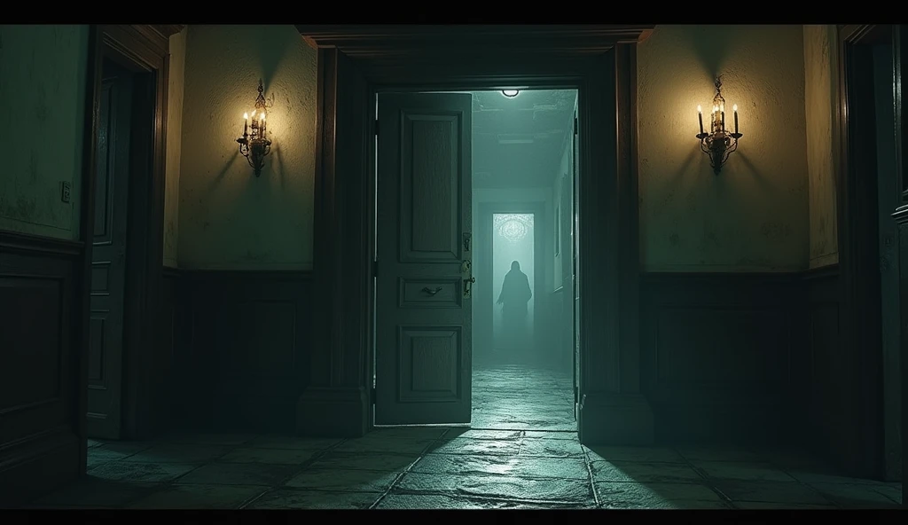 The heavy wooden door of the mansion slowly opening by itself, revealing a dimly lit entrance with flickering lights.

