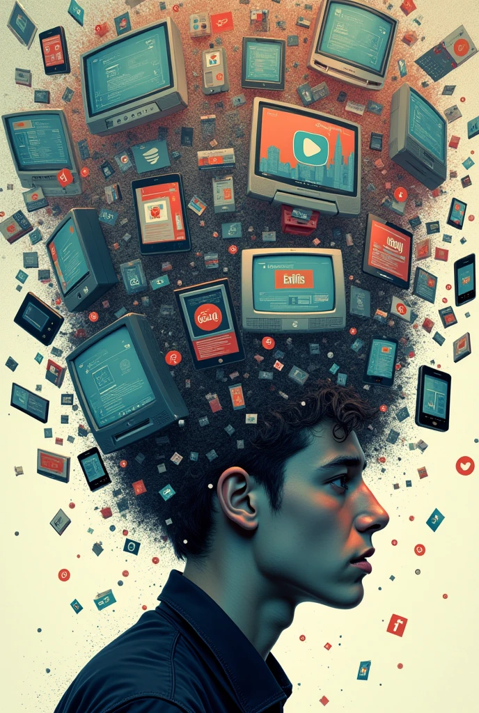 You can create a drawing that depicts a person surrounded by various forms of media, such as smartphones, laptops, TV screens, and newspapers, symbolizing the constant influx of information and communication in everyday life. The person can appear overwhelmed or engrossed in the media, showcasing the impact of technology on personal interactions, mental health, and lifestyle choices. Additionally, you could include elements like social media icons, news headlines, and virtual communication symbols to emphasize the interconnectedness and influence of different media sources on daily routines and behaviors.