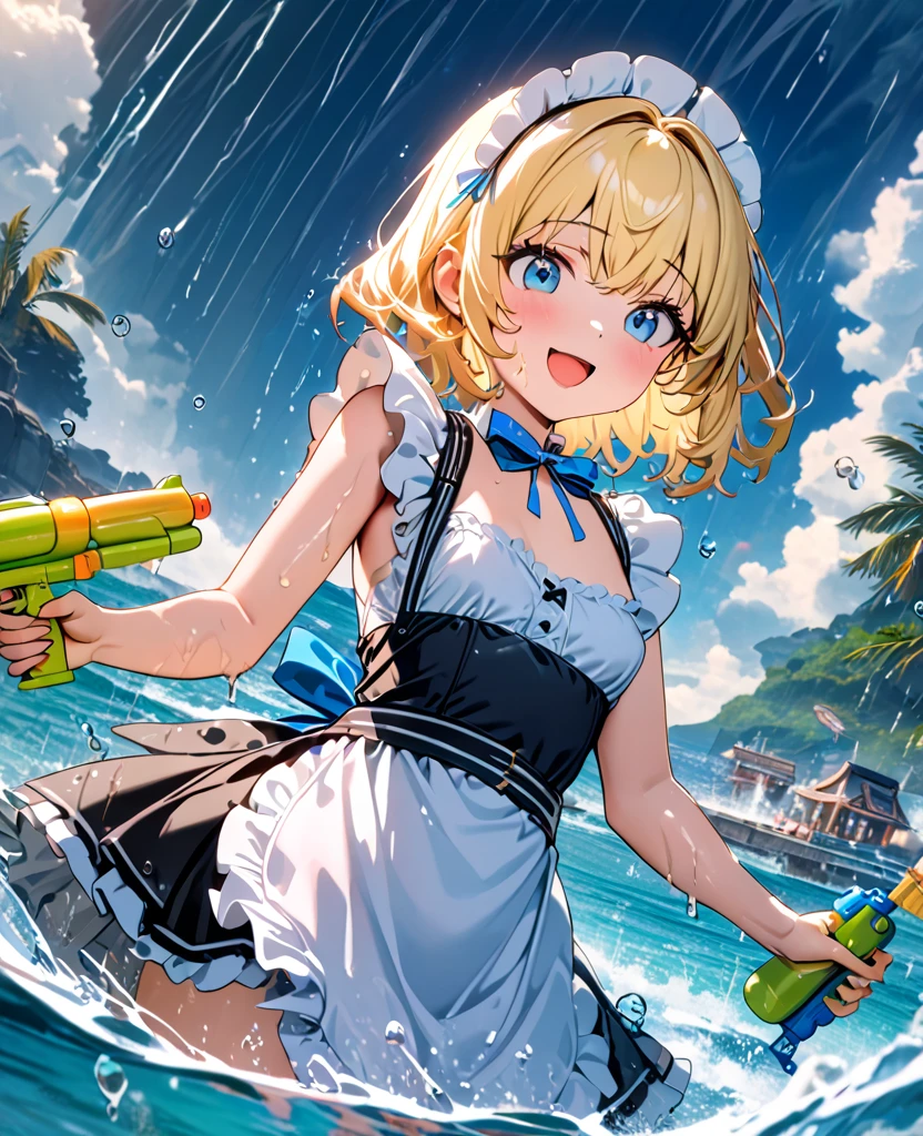 (8k, super high quality, masterpiece), (detailed), One Woman, Small breasts, blonde, cute, A little longer, Blue ribbon, Apron dress, black and white maid outfit, gilded accents, Fantasy, Beautiful background, Ocean, heavy rain, typhoon, soaked, splash, Water droplets all over the body, Submersion, Water Play, Water gun, Date, Childlike, The best smile, Mouth is open, Embarrassing, 