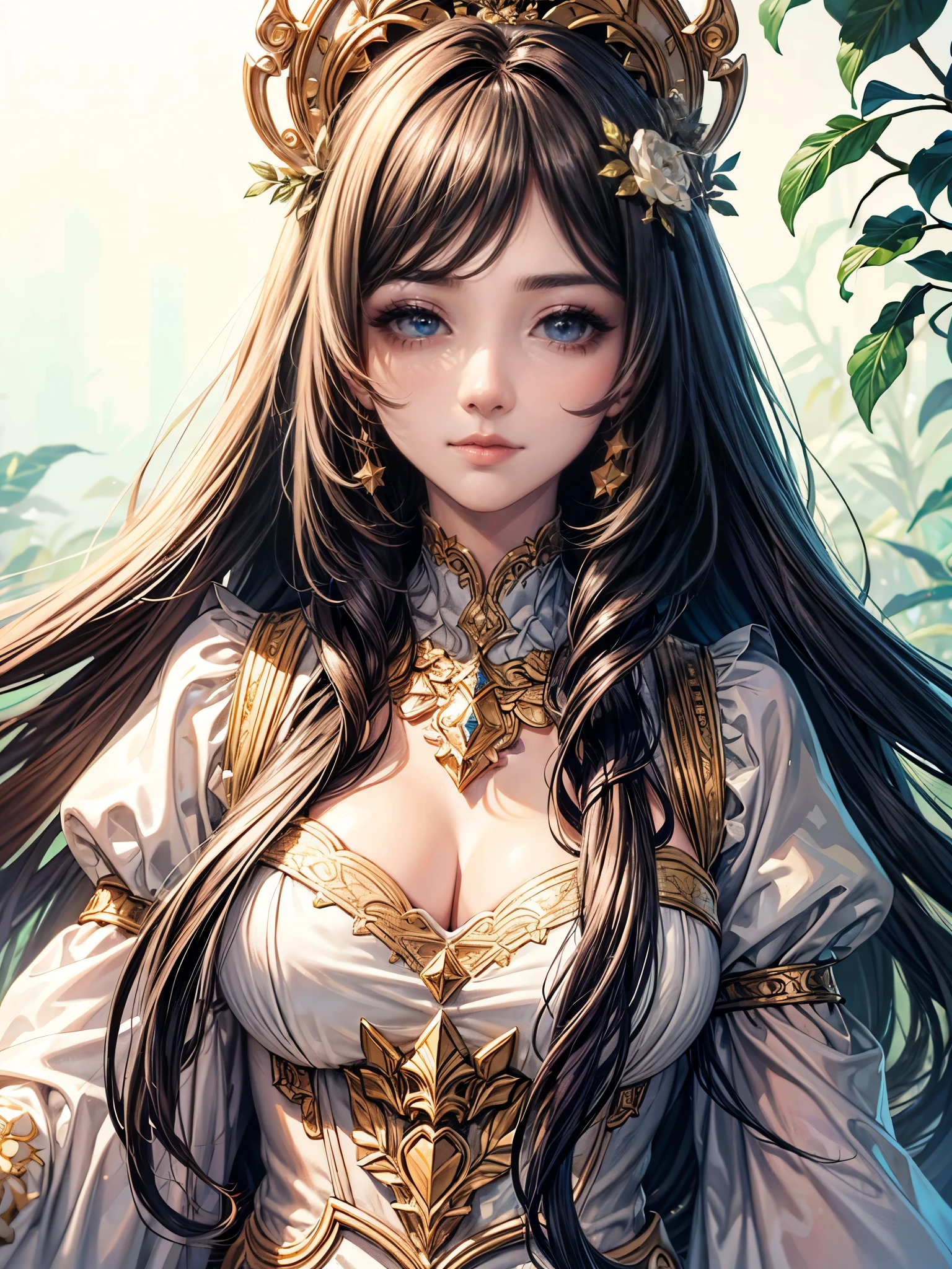 (Highest quality,8k,CG),Upper body details,Lonely Girl,Floral forest background,Complex facial features,Elegant long curly hair,large almond-shaped eyes,,Detailed eye makeup,Long eyelashes,Twinkling Star,Exquisite lip detail,Soft and harmonious style.