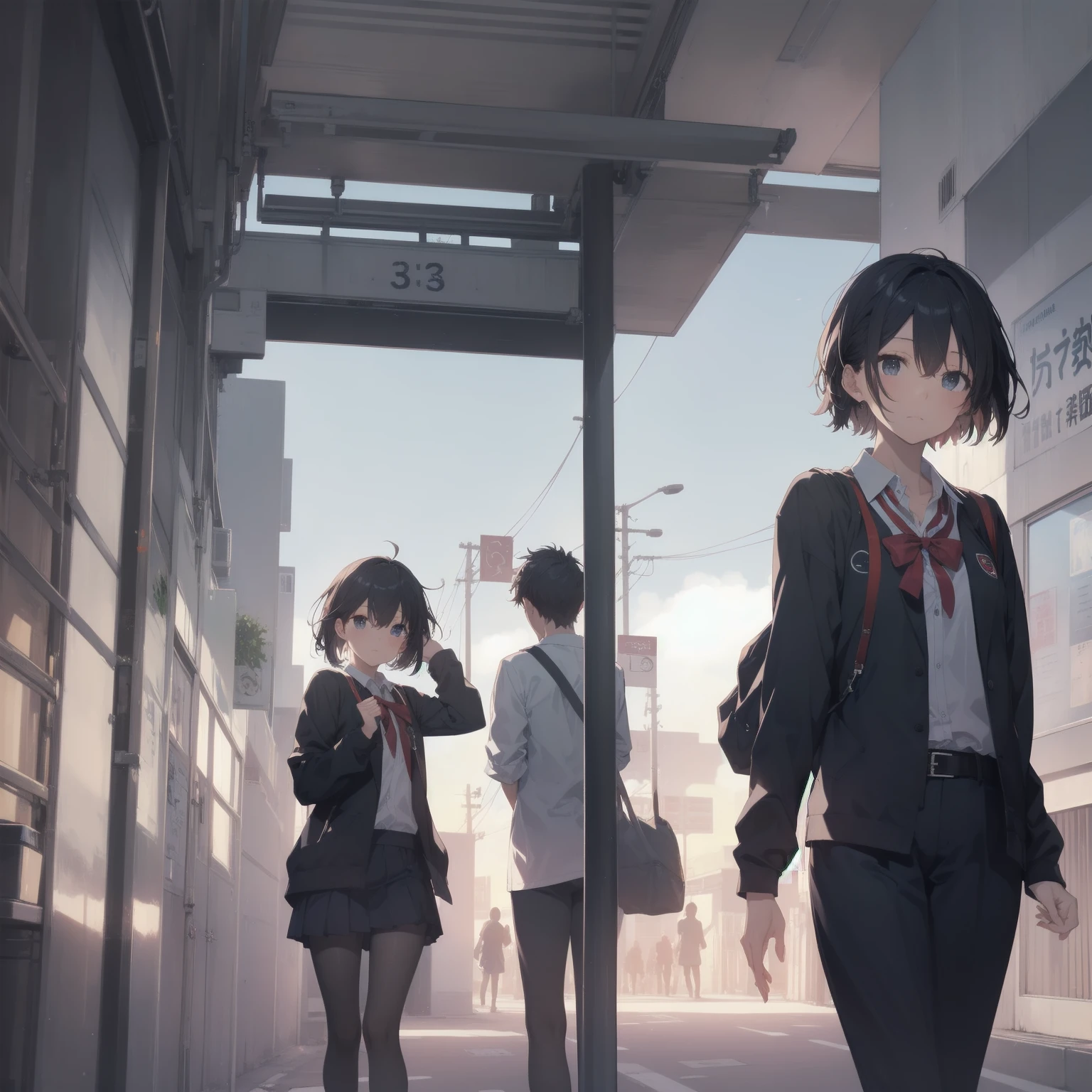 ultra-absurdres-Top quality by artist God, ultra-detailed, high resolution, anime moe artstyle, best anime 8k konachan wallpaper, pixiv contest winner, pool:2810, perfect anatomy,break, 1girl, (Please draw a girl walking sleepily to school alone. )break,(Solo,little female,15yo:1.3),Full limbs, ,a junior high school student, (very short hair), short cut, flat chest, , small butt, small black eyes, beautiful detailed eyes, well-proportioned iris and pupils, expressive eyes, highres detailed hair, soft expression, salor school_uniform, sailor collar, serahuku, bow, pleated skirt,(Detailed Lighting), (Detailed background), in the School commute route. break,super detailed skin, Best cinematic lighting powered by famous artist, 8k,beauty illustration,photoshop_(medium),very aesthetic,break,((artist:takeuchi_takashi )), artist:clamp ,artist:carnelian ,artist:kantoku ,
