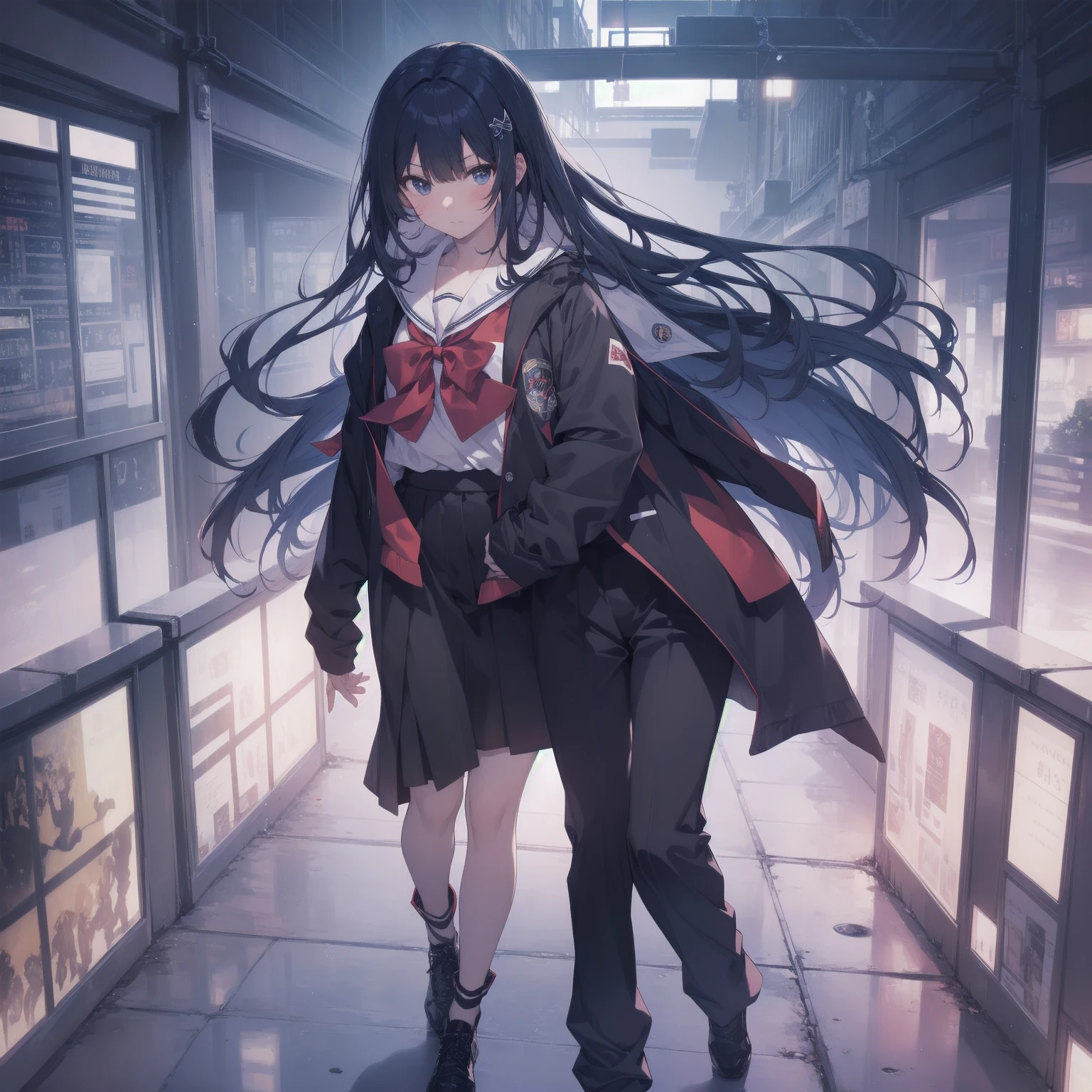 ultra-absurdres-Top quality by artist God, ultra-detailed, high resolution, anime moe artstyle, best anime 8k konachan wallpaper, pixiv contest winner, pool:2810, perfect anatomy,break, 1girl, (Please draw a girl walking sleepily to school alone. )break,(Solo,little female,:1.3),Full limbs, ,a junior high school student, (very short hair), short cut, flat chest, , small butt, small black eyes, beautiful detailed eyes, well-proportioned iris and pupils, expressive eyes, highres detailed hair, soft expression, salor school_uniform, sailor collar, serahuku, bow, pleated skirt,(Detailed Lighting), (Detailed background), in the School commute route. break,super detailed skin, Best cinematic lighting powered by famous artist, 8k,beauty illustration,photoshop_(medium),very aesthetic,break,((artist:takeuchi_takashi )), artist:clamp ,artist:carnelian ,artist:kantoku ,