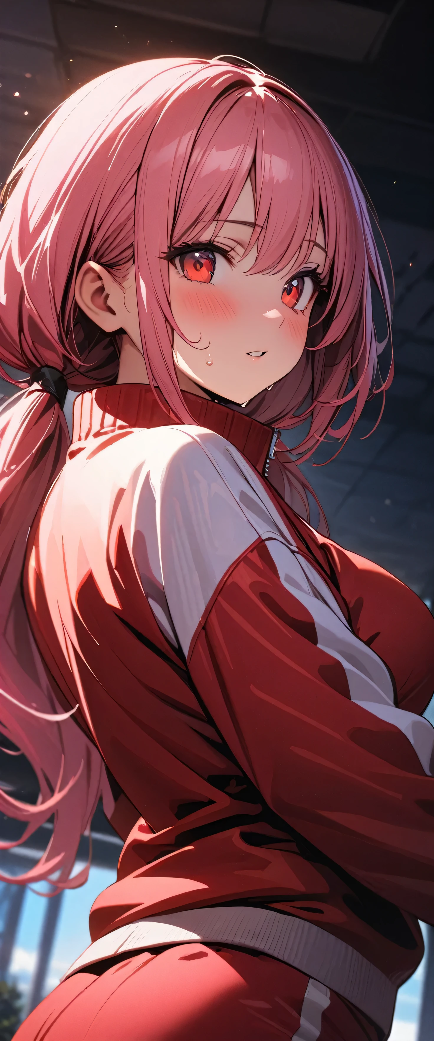 (beautiful girl: 1.3),1girl,masterpiece, Highest quality, Ultra-high resolution,rich contrast,super high quality,8k,Highly detailed CG unit wallpaper,texture,Incredibly absurd,Ultra-high resolution,RAW Photos,Depth of Field 1.2,Pink Hair, (low twintails),(Red sweatpants:1.3), (The jacket is a red track jacket.: 1.3),Ultra-detailed eyes,Red Eyes,(sensuous),Excited,Glowing Skin,blush,Sigh,((Sweat)),(Wet),she is riding a bicycle,(from behind:1.3), (Gazing-into-the-Distance:1.3),Big Ass,Light of the sun,from below