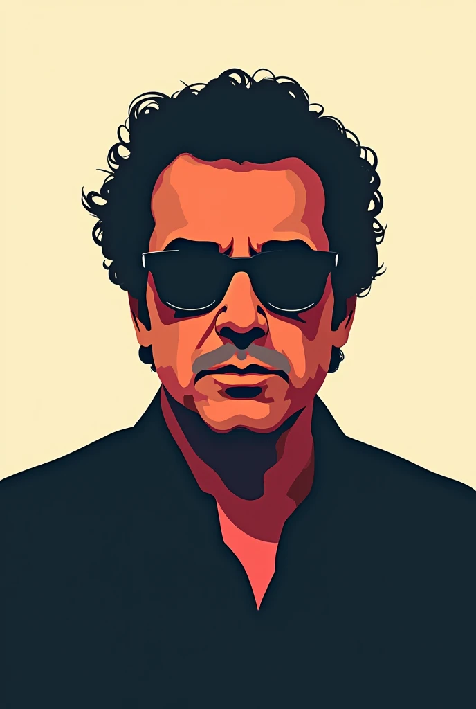 A colored, simple silhouette drawing of Pedro Almodovar front facing