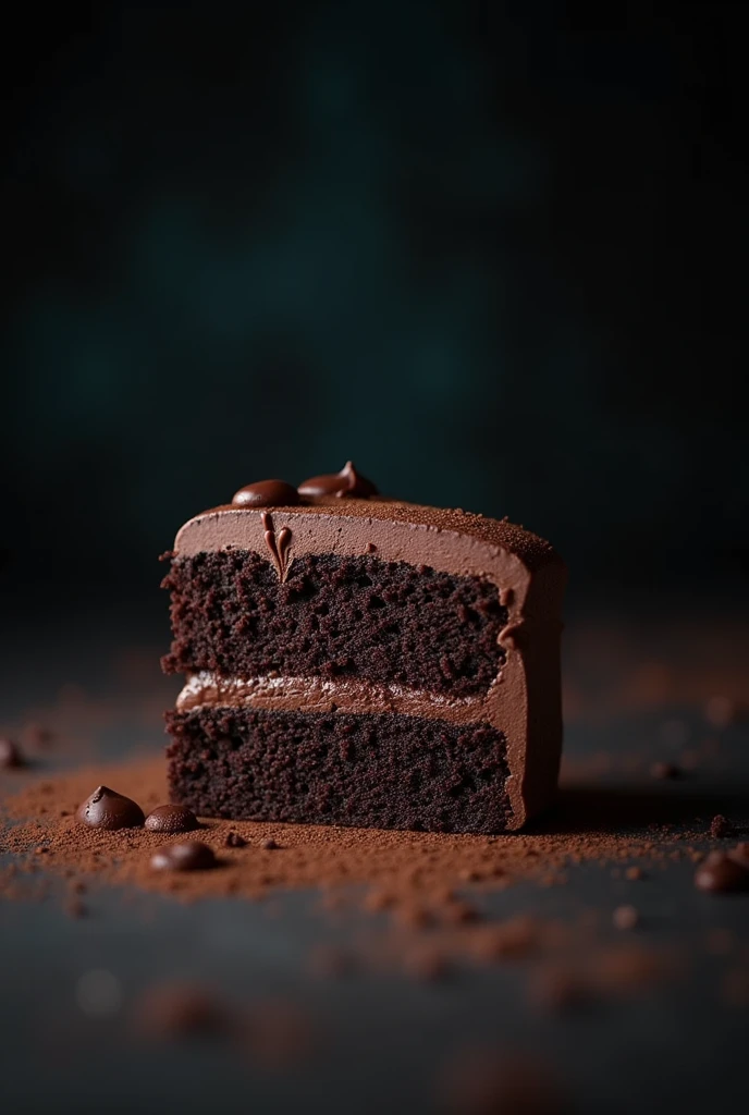 cinematic film still chocolate, chocolate cake, dark background, quality photo, moist texture, frosting, studio photo, slice . shallow depth of field, vignette, highly detailed, high budget, bokeh, cinemascope, moody, epic, gorgeous, film grain, grainy