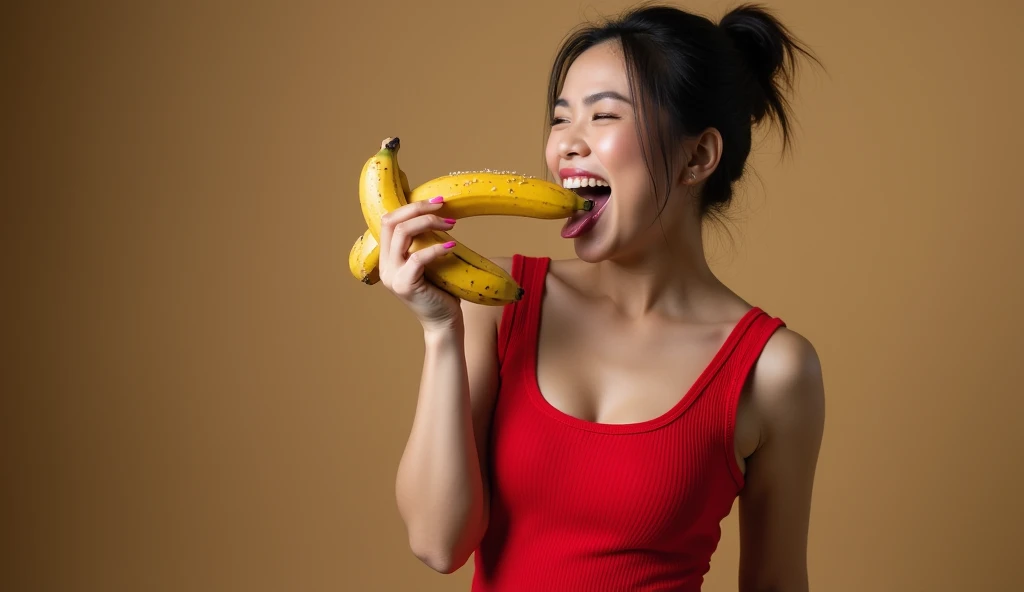 an Indonesian-looking mother wearing a tight red tank top so that her nipples could be seen was posing in a sexy pose while holding a banana covered in thick , the mother licked the banana with her tongue, the mother enjoyed it so much that her face was full of passion.