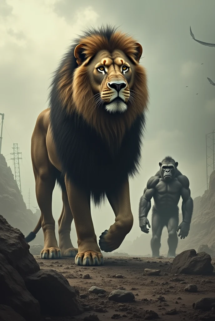 Image of lion and background be like war ended and a gorilla ded