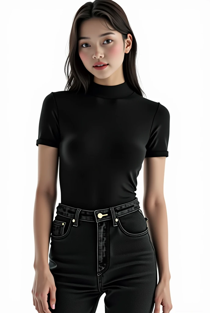 a cute woman standing in front of a white wall, trending on cg society, realism, in black turtleneck shirt and black jeans, young and cute girl, tight shirt, white outline, white background!!!!!!!!!!, 1 girl, milky white skin,, with backlight, slim waist, high collar