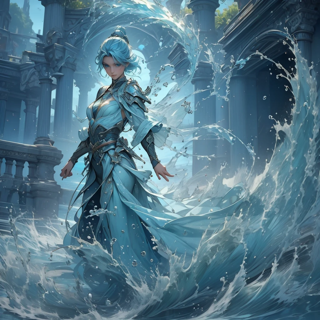 masterpiece, best picture quality, high quality, detailed, beautiful, art, water fairy, blue eyes, hair made of water, body out of water, water fairy standing by the water, full body shot, frontal shot, wide view,4K graphic,