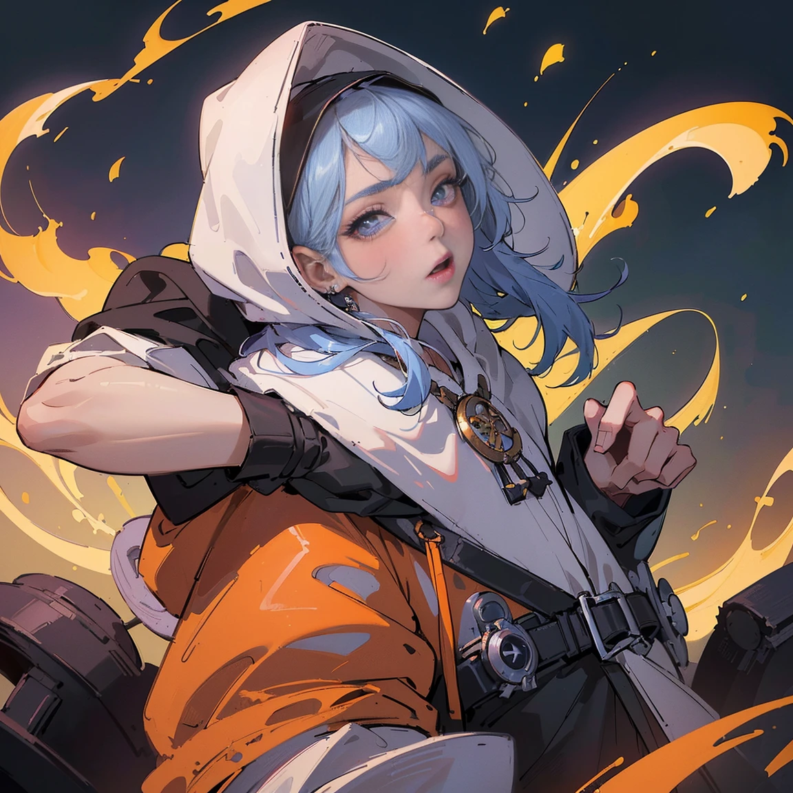 (Highest quality、8k、32K、masterpiece、Hmph:1.3)、(Photorealistic:1.4),(Shoot from the front,View your viewers:1.5)、１８Old Man、Hooded cloak（Long length）、Wearing a hood、headphone，,Wacky makeup、White Devil Guide