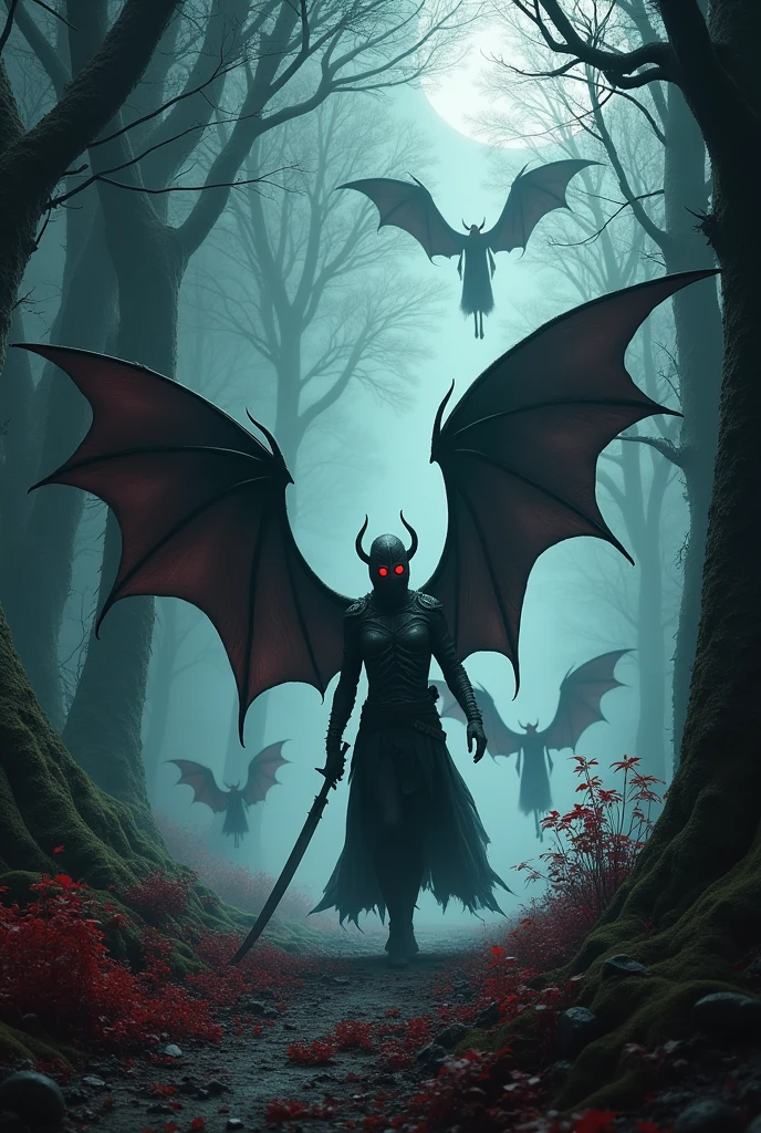 a dark, twisted forest with gnarled, ancient tree trunks and crimson-glowing leaves, shrouded in a thick, eerie fog, winged vampires with dark, leathery wings and pale, moonlit skin contrasting with glowing red eyes, a Shadow Huntress with sharp claws and glowing eyes, clad in bone armor, stalking the vampires with a light-absorbing blade, (best quality,4k,8k,highres,masterpiece:1.2),ultra-detailed,(realistic,photorealistic,photo-realistic:1.37),dark fantasy,horror,moody lighting,dramatic lighting,cinematic,chiaroscuro,dramatic shadows,muted colors,deep shadows,moody atmosphere