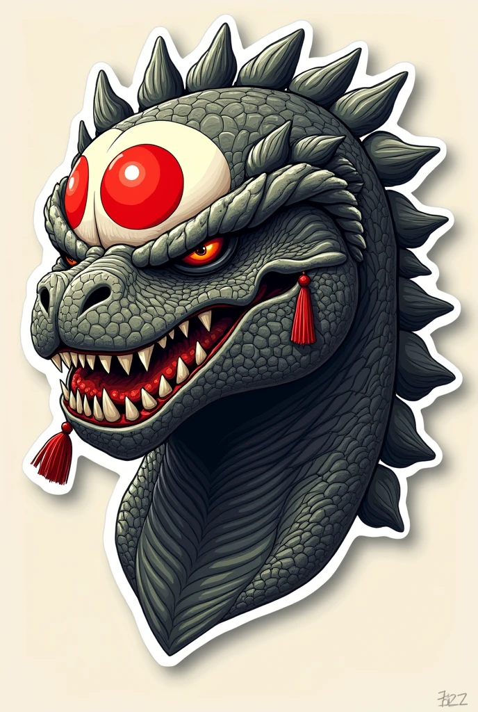 sticker design, t-shirt design, daruma head with godzilla face, ultrahigh detailed