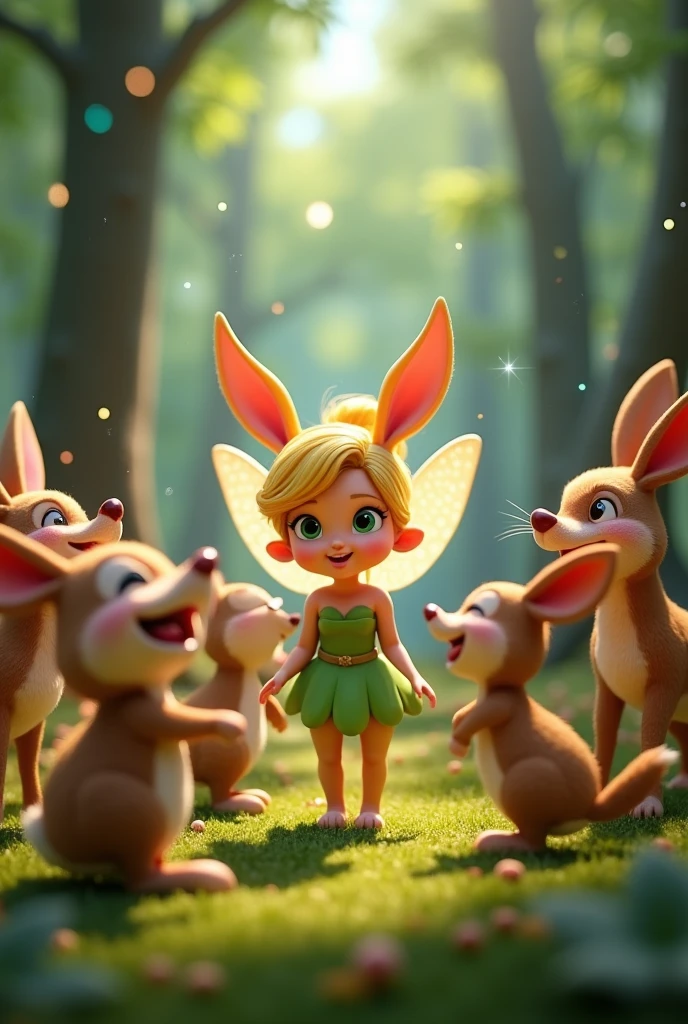 Forest Animals Laughing with the Fairy**: A 3D Disney-style scene where Phoo Phoos Fairy is surrounded by a group of happy forest animals like rabbits, deer, and birds. They are all laughing together, with the fairy looking a little confused but happy, with magical sparks floating around.