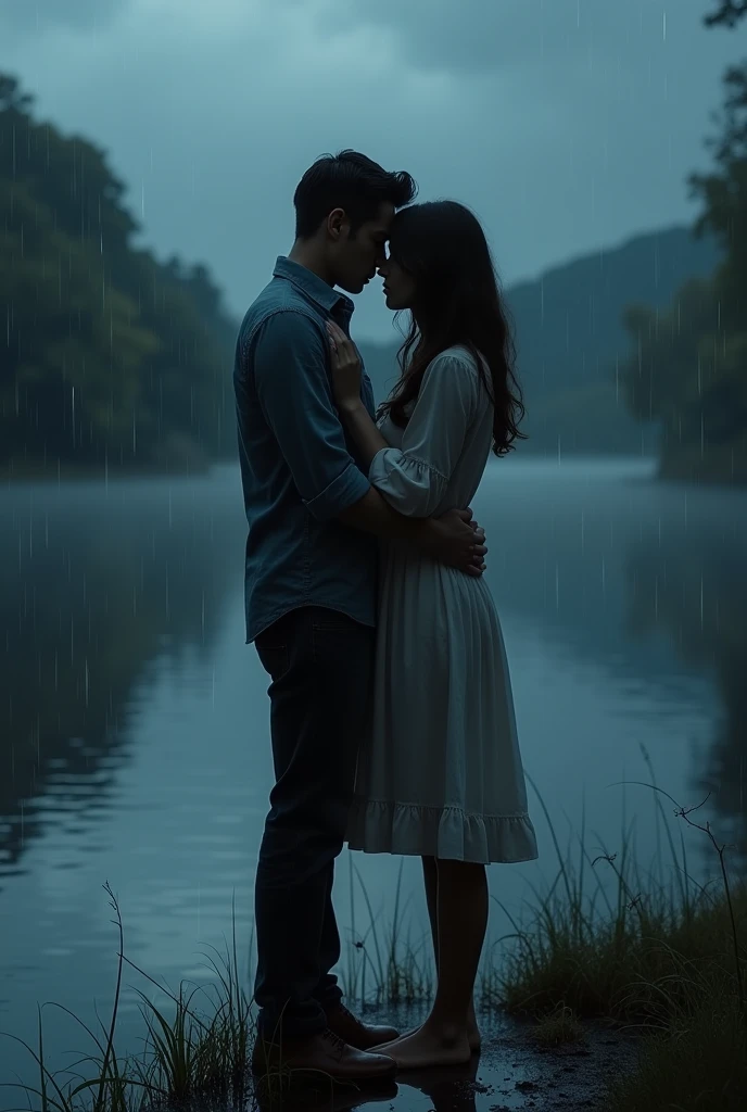 A man is huging with his girlfriend alone by a river side. Its a rainy day. There is thick cloud in the sky and it is night now.