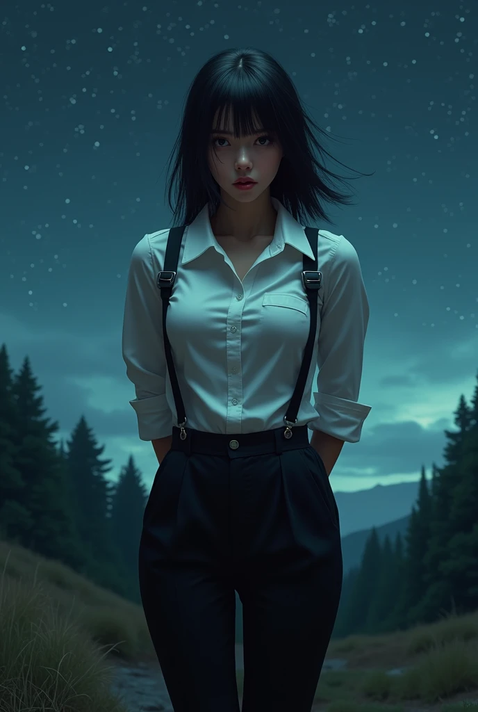 a woman in a suit, belt, hands behind back, sweating, suspenders, black pants, sexly, large breasts, see-through clothing,, detective, office worker, white button-up shirt, (best quality,4K,8k,highres,masterpiece:1.2),ultra-detailed,(realistic,photorealistic,photo-realistic:1.37),hyper-detailed,highly detailed face and body, Slender thin suspenders Moderate breasts See-through shirt Nipples holster chain Pistol Armament criminal Female criminal knife japanese profile Japanese women arrested handcuff Cable tie on thumb 拘束
The woman has her hands tied、put your hands behind your back、(((I clasped my hands behind my back)))、(((Her wrists are wrapped in rope)))、beauty、20Year、university student、Standing on a hill at night、There are a lot of trees、Beautiful night sky、There are many stars、A strong wind is blowing、Wearing a short-sleeved blouse、Wear a long skirt、Uniform eyes、Balanced、Moderate、Small breasts、Small face、(I can see from head to heel), Black Hair, bangs, Swept bangs, Straight hair, Nervous, Messy Hair, debtloating hair, Cinema Lighting, throw, Nikon, Surrealism, 超High resolution, Highest quality, High resolution, Anatomically correct body、, tachi-e, First Person View, debtrom behind, debt/1.2, 8k, Textured SkinMini Skirt Knee-high garter handcuffs